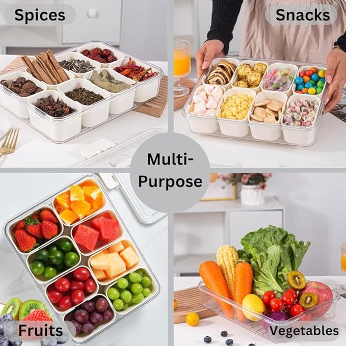 Legend - Divided Serving Tray with Lid and Handle | Snackle Box Container for Fruits, Candy, Charcuterie, Snacks | Portable Snack Tray for Travel, Party & Picnic (8 Compartments)