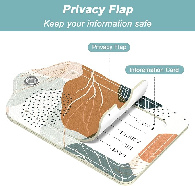 Rimilak 3 Pcs PU Leather Luggage Tags for Suitcase, Travel Cruise Luggage Tag with Privacy Flap, Name ID Label and Metal Loop for Women Men Baggage Handbag School Bag Backpack, White Leaves