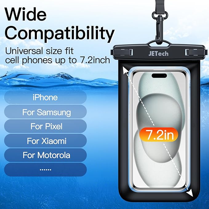 JETech Waterproof Phone Pouch, 2 Pack Water Proof Case for iPhone 17 16e 16 15 14 Air Pro Max Plus, Galaxy S25 S24 Ultra, Pixel 10 Series and Others up to 7.2 Inch, IPX8 Dry Bag (Black+Black)