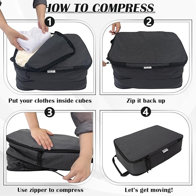 Compression Packing Cubes for Travel, Expandable Compression Bags Travel Cubes for Packing Suitcase Organizer Bags Set (Black, 4 pcs)