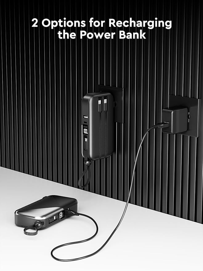 10000mAh Portable Charger Power Bank with Built-in Cable 27W Portable Charger with Wall Plug Portable Cell Phone Charger for iphone Mobile Charger Power Bank for Android Galaxy Android etc, Black