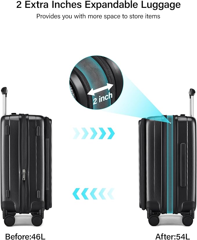 Hanke 20 Inch Expandable Carry On Luggage Airline Approved Top Opening Hard Shell Suitcases with Wheels Lightweight Travel Luggage Carry On Suitcase for Woman Men-Jet Black