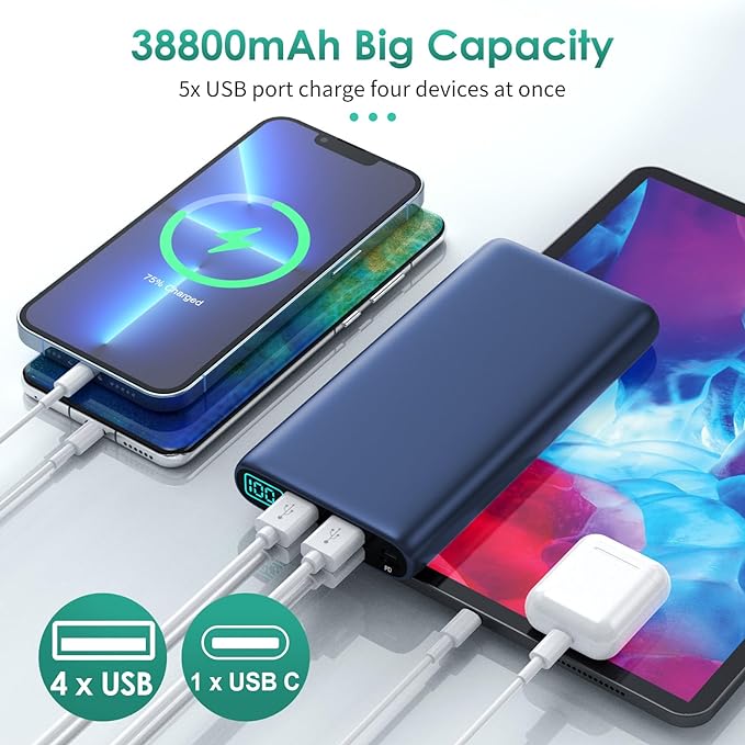 Portable Charger 38800mAh,LCD Display Power Bank,5 USB Outputs Battery Pack Backup, USB-C 3A in&out Travel Essential Portable Phone Charger For iPhone 17/16/15/14/13 Pro/12,Android Samsung Galaxy-Blue