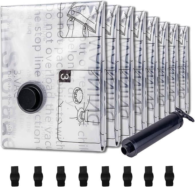 8 Large Vacuum Storage Seal Bags, Space Saver Bags with Travel Hand Pump, Compression Airtight Sealer Bags for Clothes, Bedding, Pillows, Comforters, Blankets