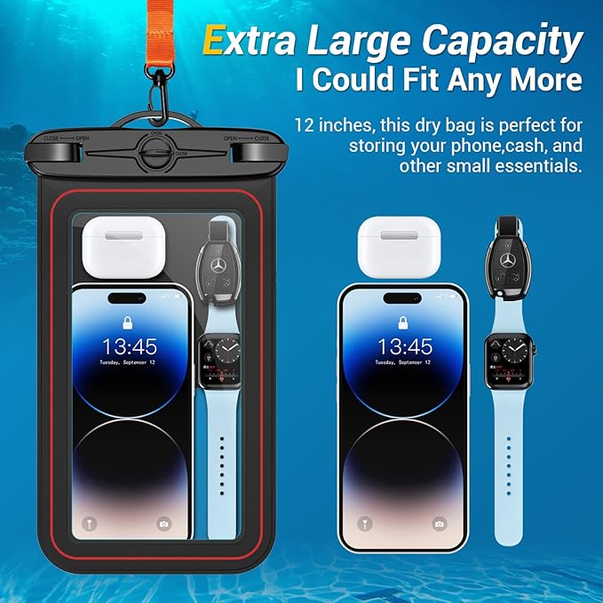 Floating Waterproof Phone Pouch, Large Waterproof Cell Phone Case, IPX8 Phone Dry Bag for iPhone 16/15/14/13/12/11/SE Series, Galaxy S25 Ultra/S24/S23 Up to 9’’ Black