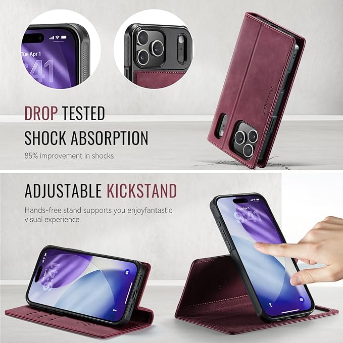 PlusnapX Wallet Case for iPhone 17 Pro Compatible with Magsafe, 2-in-1 PU Leather Flip RFID Blocking Card Holder Stand Shockproof Magnetic Detachable Case for iPhone 17 Pro Case 6.3", Burgundy