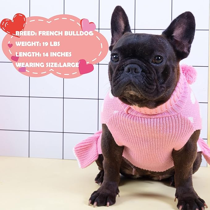 KYEESE Valentines Dog Sweater Dress, Warm Dog Sweaters Medium Large Size Dogs Girl, Cozy Pullover Pet Clothes Knit Pet Apparel with Leash Hole, Pink Dot, 2XL