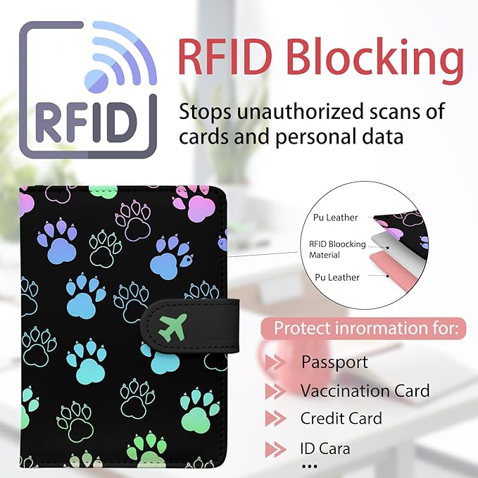 Passport Holder, Travel Wallet Cover with Pen Loop | Cute RFID Blocking Leather Case with Magnetic Closure for Travel Essentials-Pawprint