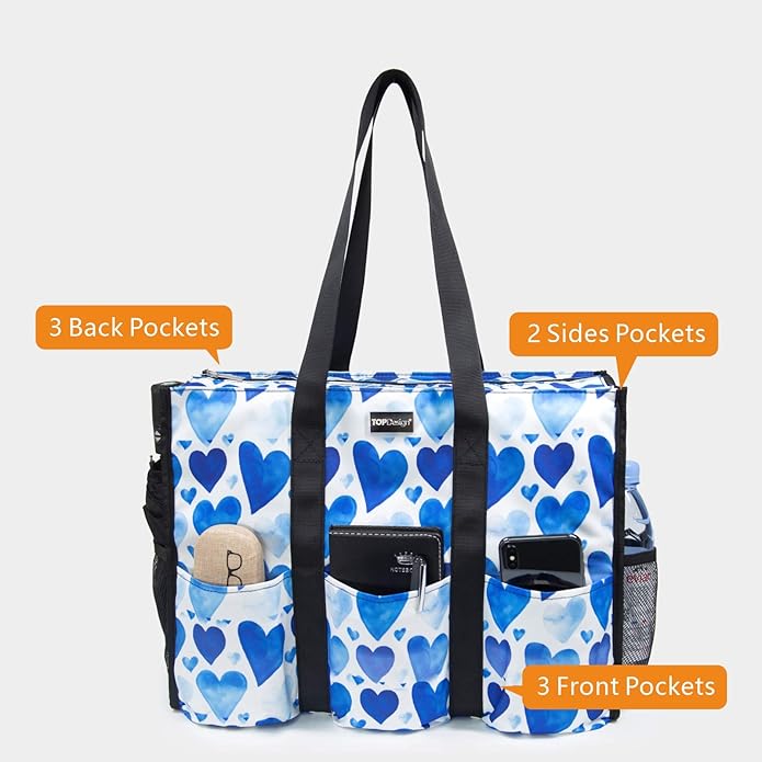 TOPDesign Utility Water Resistant Tote Bag with 13 Pockets, Top Zipper Closure & Thick Bottom Support, for Working Women