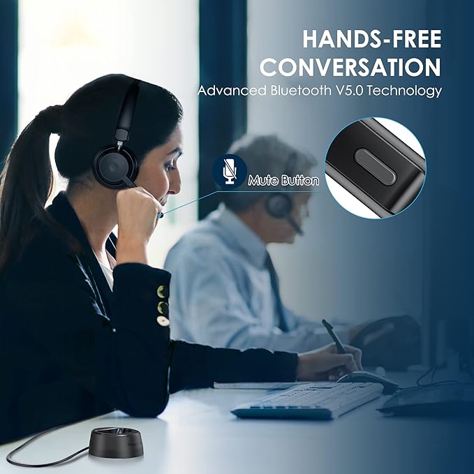 Bluetooth Headset, Wireless Headphone with AI Noise-Canceling Microphone for Computer, On Ear Bluetooth Headset with USB Dongle for Office Call Center Skype Zoom Meeting Online Class (Black)