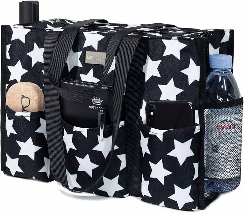 TOPDesign Utility Water Resistant Tote Bag with 13 Pockets, Top Zipper Closure & Thick Bottom Support, for Working Women