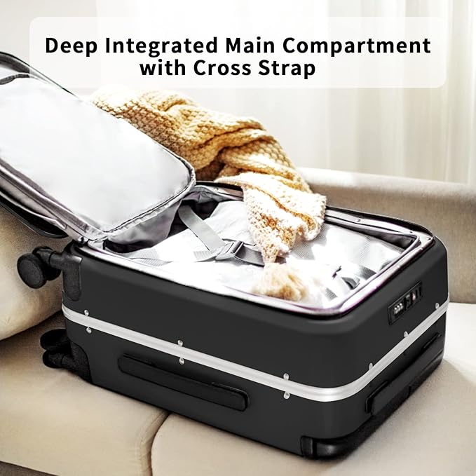 MILADA Wide Handle Luggage with Front Pocket Hardshell Aluminium Check In Suitcase with Wheels Medium 24 Inch Front Opening Checked Luggage with Spinner Wheels TSA Lock Airline Approved Luggage, Black