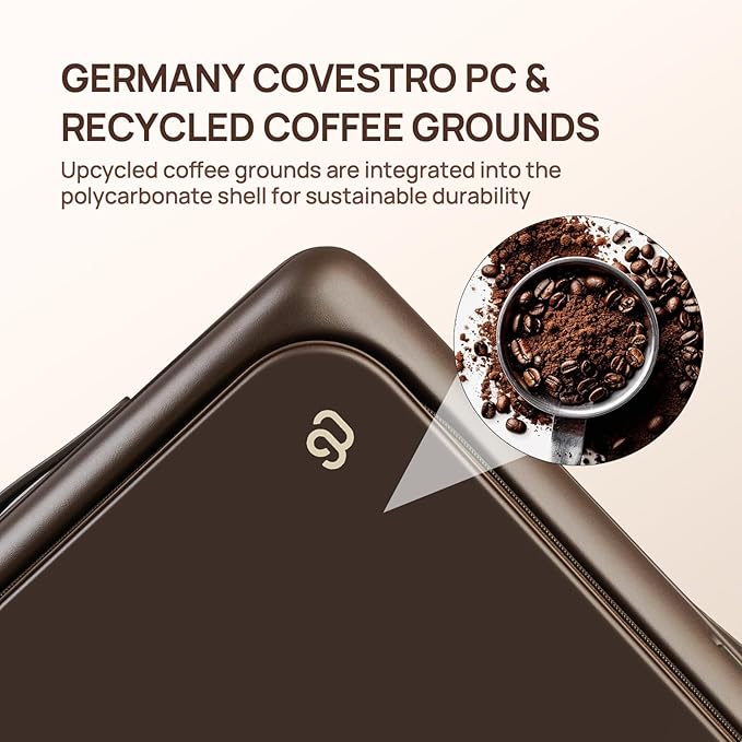 NINETYGO Carry On Luggage 22x14x9 Airline Approved, 20 Inch Suitcase with Front Compartment & Cup Holder, Coffee-Infused PC Hard Shell, Eco-Friendly, TSA Lock, 360° Spinner Wheels (Latte)