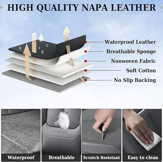 Coverado Universal Seat Covers Front, 2-Pack Waterproof Seat Covers for Cars, Universal Nappa Leather Car Seat Covers with Head Pillow, Auto Protectors Fit for Most Sedans SUV Pick-up Truck-Gray