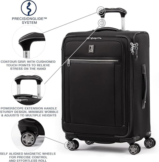 Travelpro Platinum Elite Softside Expandable Checked Luggage, 8 Wheel Spinner Suitcase, TSA Lock, Men and Women, Shadow Black, Checked Medium 25-Inch