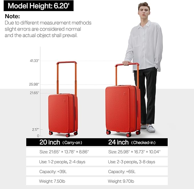 mixi Luggage Suitcases With Spinner Wheels,Upgrade Wide Handle PC Hardshell Rolling Travel Suitcase with TSA Lock, Checked-Medium 24-Inch, Red