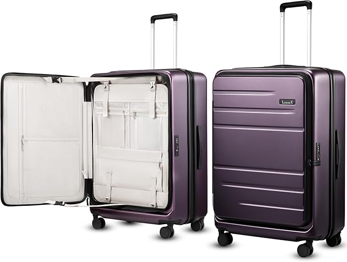 LUGGEX Checked Suitcase with Spinner Wheels, FLO5 Expandable Polycarbonate Hard Shell Suitcase with TSA Approved Lock (FX-Core, Purple, 28 Inch)