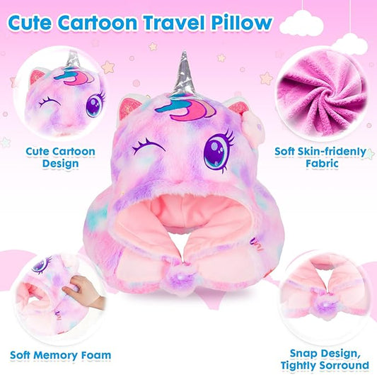 Travel Neck Pillow with Hood for Kids Adult Cute Soft Plush Memory Foam Airplane Neck Pillow for Traveling Animal Flight Pillow Head Rest Neck Support for Cars Long Flights