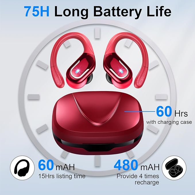 Wireless Earbuds Sport, Bluetooth 5.4 Headphones 2026 Bluetooth Earbuds with 75Hrs Stereo, 4 ENC Mic, Over-Ear Buds with Earhooks Noise Canceling Earphones , IP7 Waterproof Headset for Workout/Running