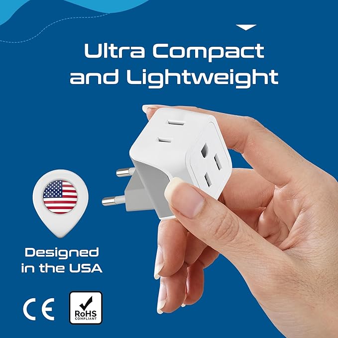 Ceptics European Travel Plug Adapter Europe Power Adaptor Charger Dual Input - Ultra Compact - Light Weight - USA to any Type C Countries such as Italy, Iceland, Austria and More (CT-9C), white
