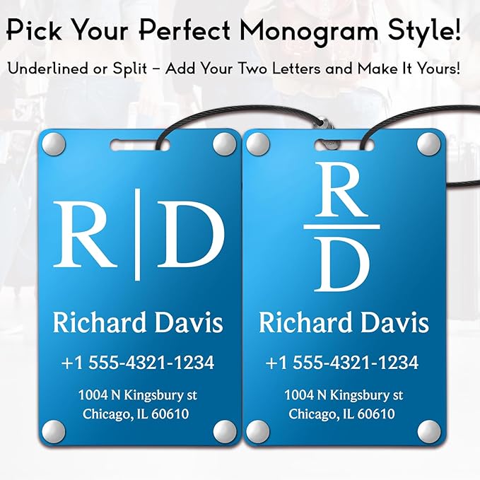 Personalized Luggage Tags for Suitcases - Monogram Style Aluminum Custom Luggage Tags for Backpacks & Bags, Sturdy, Waterproof & Heavy Duty (Blue/Card-Sized)