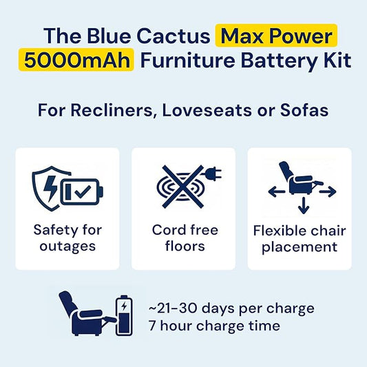 The Blue Cactus Max Power 5000mAh Kit - Battery, Power Transformer, Cords - 2-Pin Connector - Wireless with LED & Low Charge Alert - Couch Battery Pack for Reclining Chairs, Sofas & Loveseats