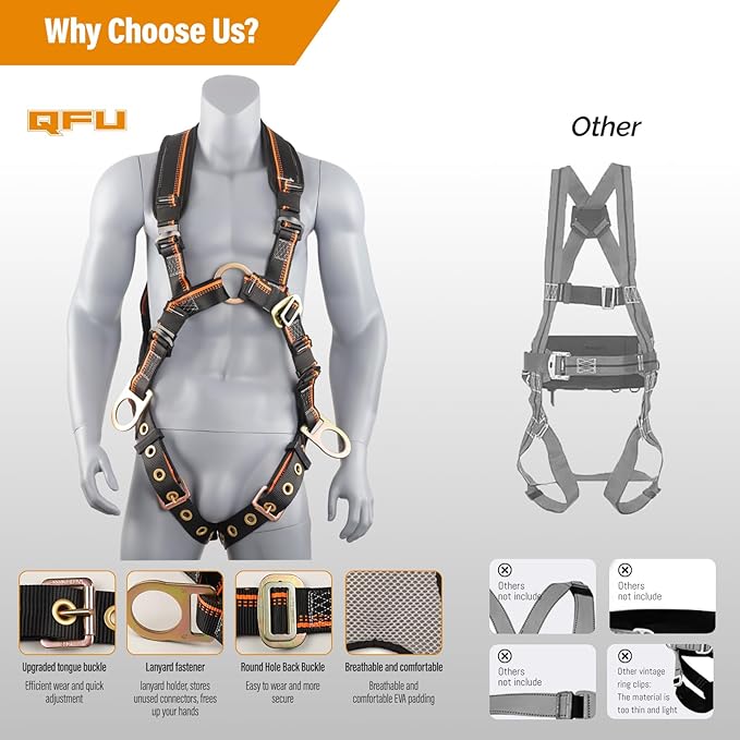QFU Full Body Safety Harness & Fall Protection Kit with Padded Straps, ANSI Compliant, Includes Shock-Absorbing Lanyard for Roofing, Construction and Industrial Use
