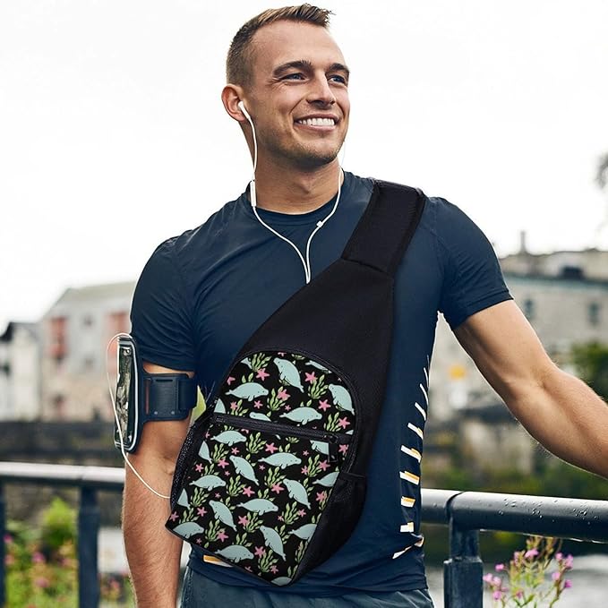 SWEET TANG Casual Sling Backpack for Women Chest Shoulder Crossbody Backpack, Gym Funny Sack, Satchel Travel Bag Outdoor Hiking Daypack Manatee Animals