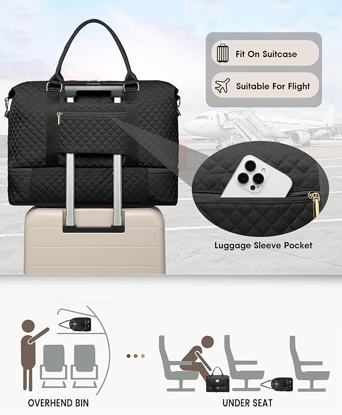 Women Weekender Travel Duffle Bags: Duffel Overnight Bag with Shoe Compartment Large Carry on Tote Bag Toiletry Bag Weekend Yoga Gym Bags with Wet Pocket Hospital Bags for Labor and Delivery Black
