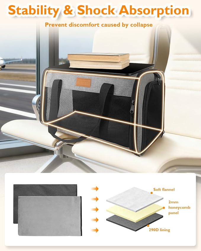 PETUX TSA Approved Pet Carrier in Cabin - 17"x11"x9.5", Underseat, Soft Sided Cat Carriers with Safety Zippers and Anti-Scratch Mesh for Small Cat up to 12 lb, Ideal for Travel and Vet Visit, Grey