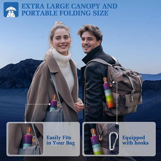 Umbrellas for Rain, 47" Large Windproof Travel Umbrella, Triple-Layer Vented Canopy, 10 Fiberglass Ribs, Auto Open Close Compact Umbrella, Wooden Handle, Heavy Duty for Commute, Gifts for Men & Women