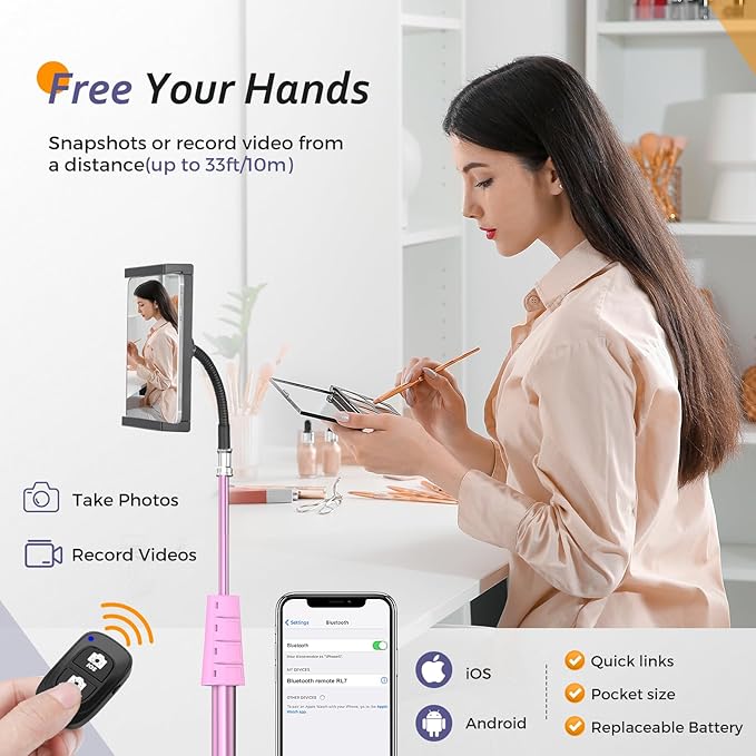 Aureday Adjustable Tripod Stand, 67” Height, Tablet Holder for iPad mini/Air/Pro, Kindle, Switch, Smartphones, 4.7”-12.9” Devices, Pink