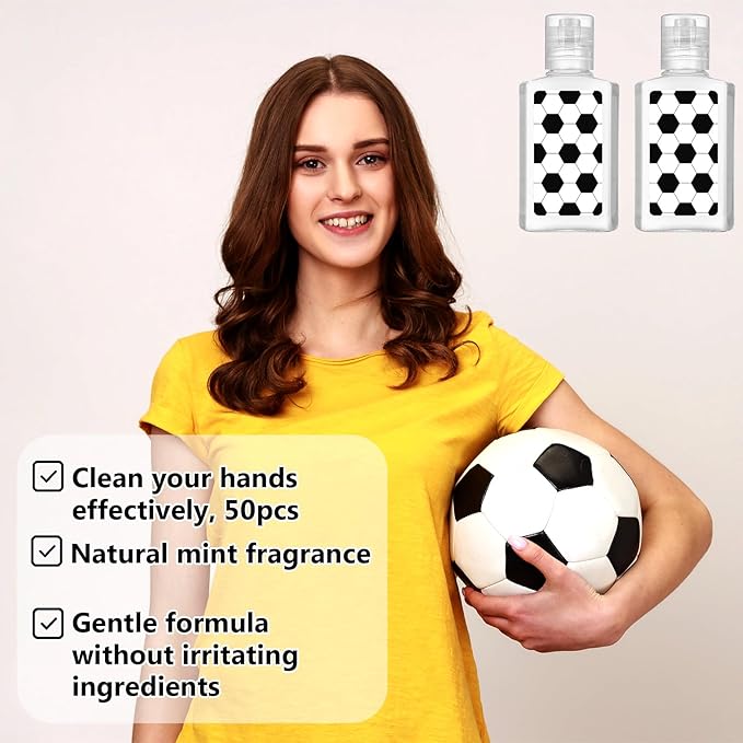 50 Pcs Soccer Party Favors - Mini Hand Sanitizer Soccer Senior Night Gifts Bulk Travel Size for Team Sports Theme Party Supplies Birthday Goodie Bags Stuffers