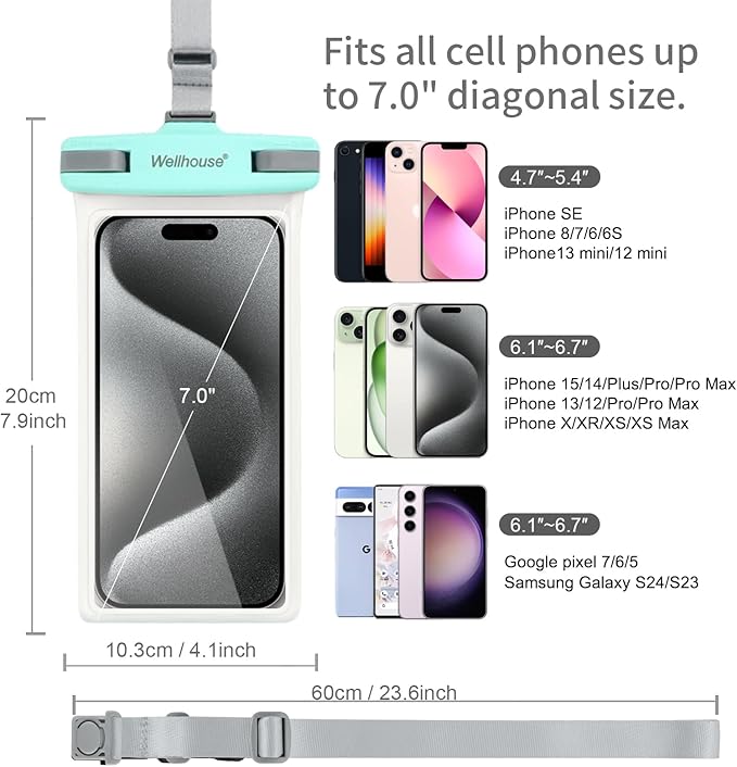 wellhouse Waterproof Phone Pouch, Waterproof Phone Case for iPhone 16 15 14 13 12 Pro Max XS Samsung, IPX8 3D Cellphone Dry Bag Beach Essentials (2 Pack - Green & White7.0, 7 inch)