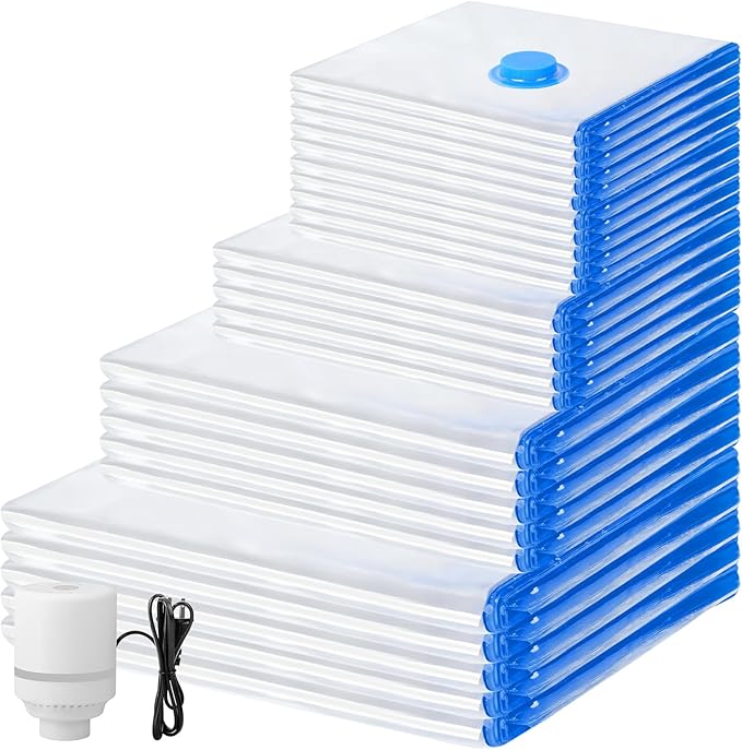 25 Pack Vacuum Storage Bags with Electric Pump, 5Jumbo/ 5Large/ 5Medium/ 5Small/ 5Roll Compression Space Saver Vacuum Seal Bags for Clothing Travel Luggage Comforters Blankets Pillows Bedding
