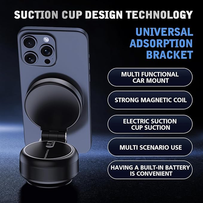 Electric Vacuum Magnetic Suction Phone Holder,Adjustable Suction Cup Phone Mount for Car,Foldable Smart Double-Sided Magnetics Phone Holders,Strong Magnetic Car Phone Holder for All Types (Black)