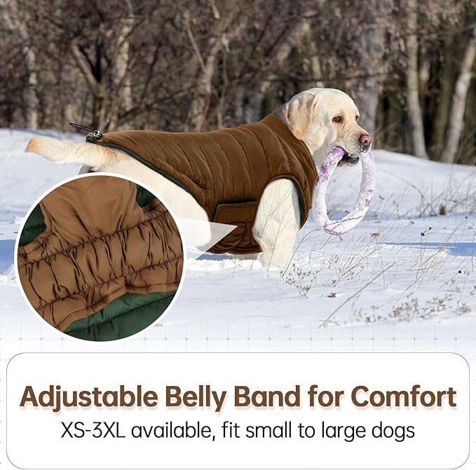 Lelepet Reversible Dog Coat Waterproof Dog Jacket Windproof Puffer Vest for Winter Warm Lightweight Coats for Large Dogs Adjustbale Hook & Loop Pet Apparel with Leash Hole, Pitbull, Brown, XL