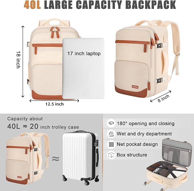 40L Travel Backpack with USB Charging Port, Water-Resistant Carry On Backpack for Men Women, Business Laptop Backpack for Trips & Commutes, Fits 15.6/17.3 Inch Laptop