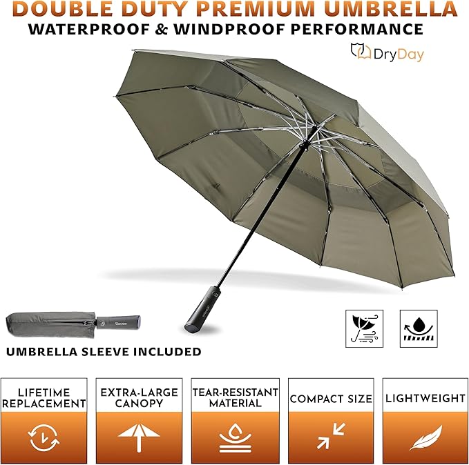 DryDay Premium Umbrellas for Rain, Large Windproof Double Canopy Umbrella, 10 Aluminum Ribs, Sturdy Frame, Auto Open Close Unique Handle, Windproof & Waterproof Umbrella for Women & Men