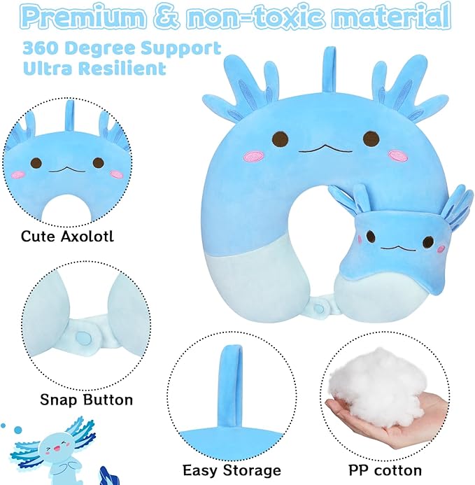 Kids Neck Pillows for Travel, Travel Pillow with Eye Mask Cartoon Axolotl U Shaped Neck Pillow for Sleeping Travel, Head Support Neck Pillow for Kids Teens Airplane Roadtrip Car