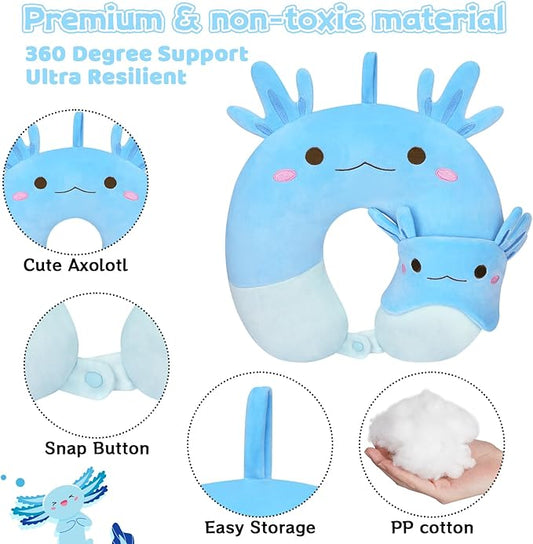 Kids Neck Pillows for Travel, Travel Pillow with Eye Mask Cartoon Axolotl U Shaped Neck Pillow for Sleeping Travel, Head Support Neck Pillow for Kids Teens Airplane Roadtrip Car