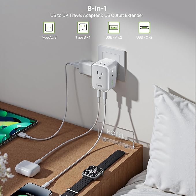 EPICKA Hybrid International Power Adapter for US to England, Foldable & Detachable Type G (UK) VisaPlug, 8-in-1 Travel Plug Adapter with 4 USB Ports (2 USB-C PD 20W), Travel Dormestic Essentials
