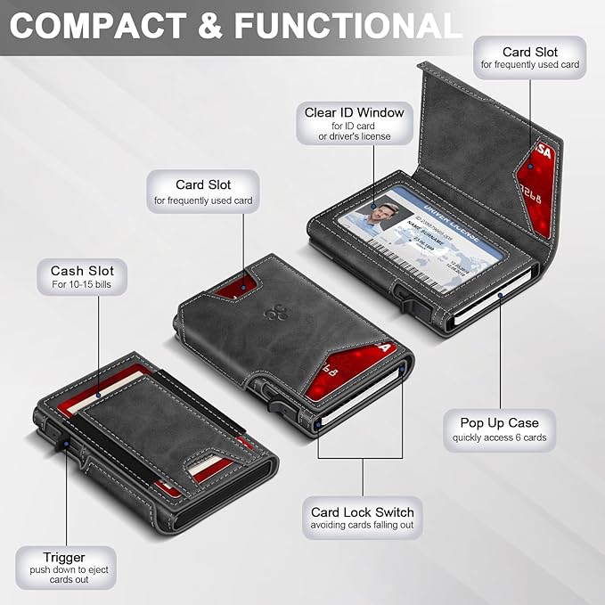 Wallet for Men Wallet with Slim Pop Up Card Holder 9-13 Cards, Bifold Minimalist Smart Wallet RFID Blocking Credit Card Holder with ID Window & Stretchable Cash Slot Compact Metal Aluminum Card Case