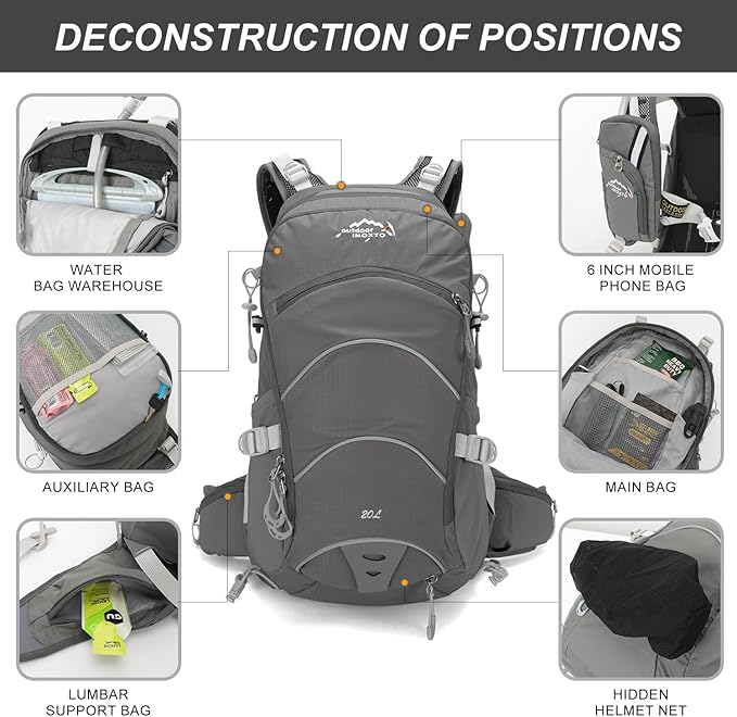 Hydration Pack,20L Hydration Backpack, Hiking Internal Frame Backpacks with 2L Hydration Water Bladder and Rain Cover, for Cycling,Camping, Hunting,Ski, Snow for Men, Women (grey)