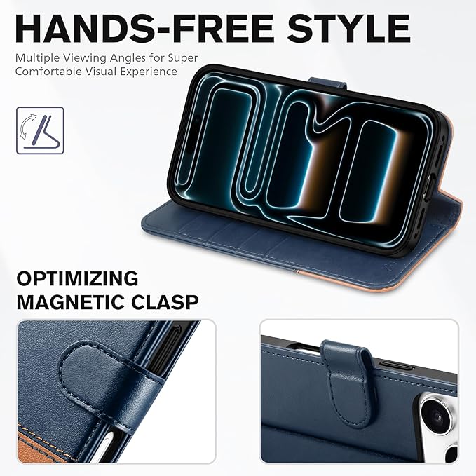 TUCCH Wallet Case for iPhone 17 Pro (6.3") 2025, 4 Card Holders, RFID Blocking, Stand, Shockproof TPU Shell, PU Leather, Magnetic Closure, Protective Flip Folio Cover, Blue & Brown