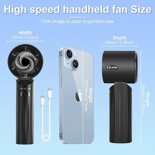 LIVAVIVA Handheld fan, adjustable blowing angle, mini portable turbo fan, USB Type-C rechargeable, infinitely variable speed high-speed personal fan, 11 Hours Battery Life (Black)