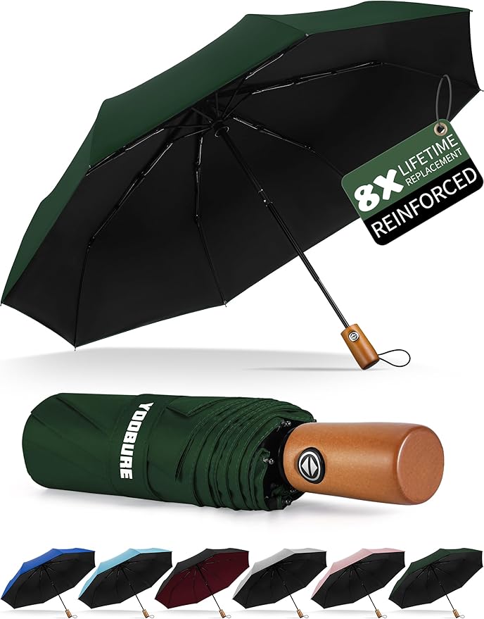 Yoobure Windproof Travel Umbrella with Wood Handle - Automatic Umbrellas for Rain & UV Sun Protection, Compact 46" Large Canopy, Lightweight Backpack Portable for Walking & Outdoor