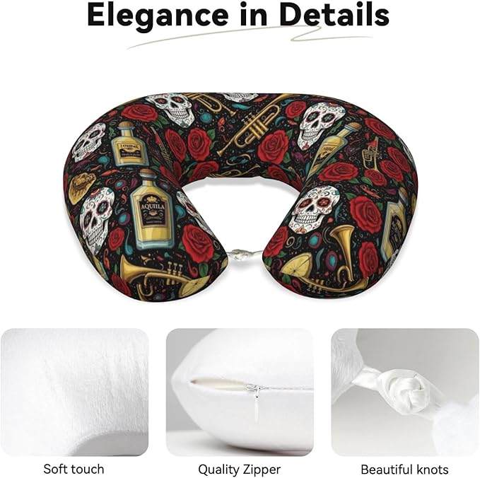 Support Neck Pillow for Youth Travel, Washable Airplane Chin Supporting and Relax U Shaped Pillows Vintage Day of Dead Sugar Skulls Rose Flowers Cactus