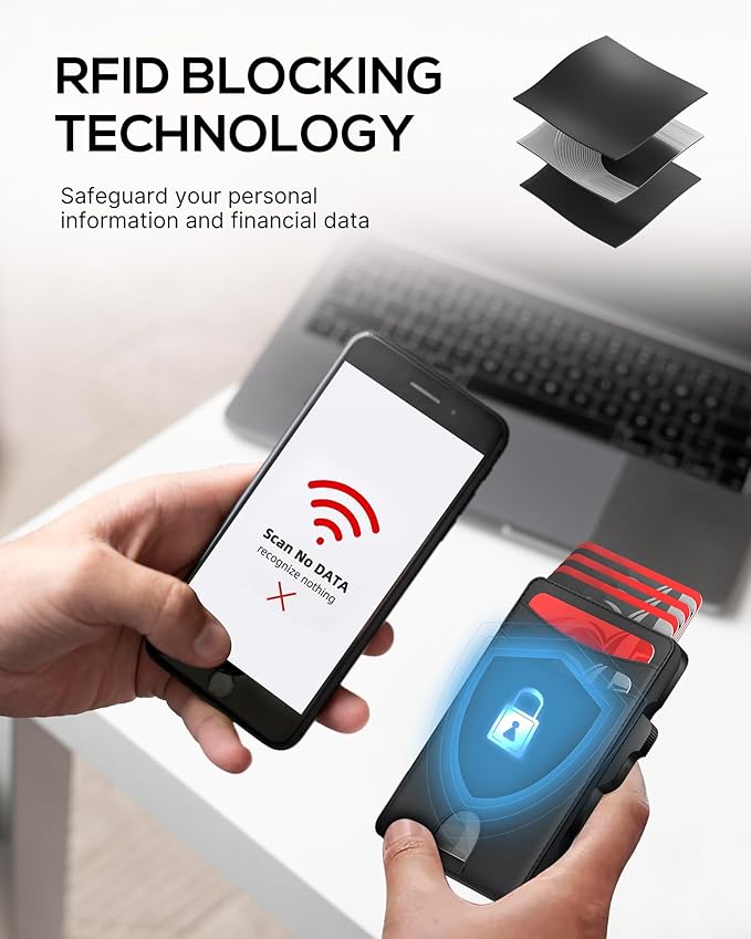 Minimalist Mens Wallet Card Holder: Pop Up Card Case, Genuine Leather, Smart, RFID Blocking, Slim, Thin, Front Pocket, Gift Box - 9-12 Card Capacitiy, Cash Pocket (Black)