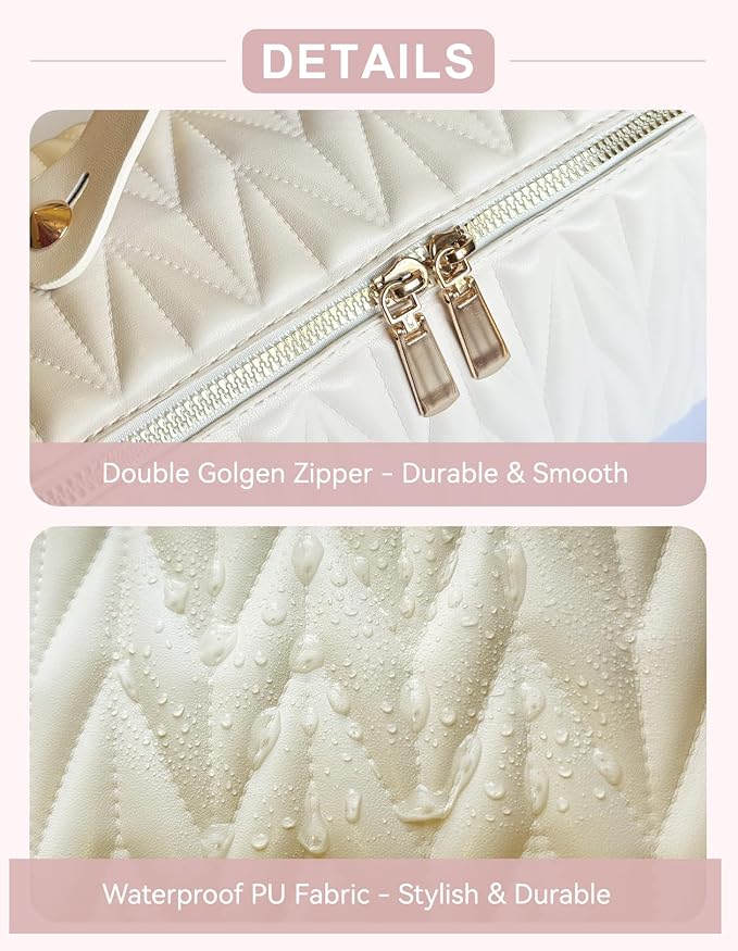 Travel Makeup Bag for Women, Large Capacity Cosmetic Bags for Girls, Compact Pouch Make up Organizer, Waterproof Toiletry Bag with Divider and Handle (White)